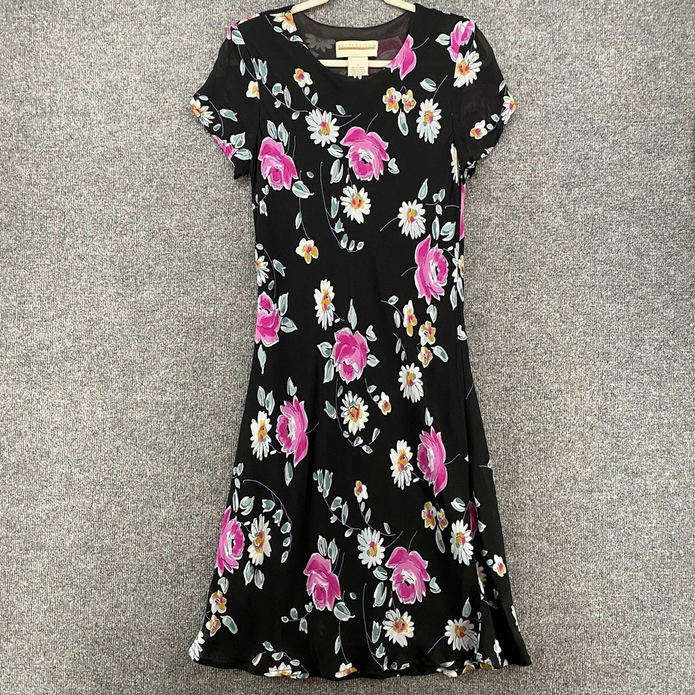 Expressions Dress Womens M Black Floral Midi Vintage 90s Fairy Cottage Romantic